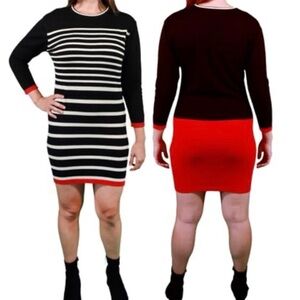 New Area Stars Color Block Stripe Mini Sweater Dress Black White Red Size Small